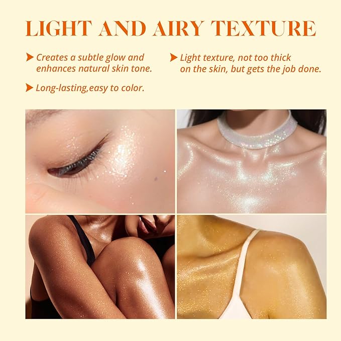 Liyalan Shimmer Body Oil 5 Color Options 1.0 fl.oz Face Glow Pearl Highlighter Illuminator Long-Lasting Shine Glitter Liquid Tanning with Makeup Brush Included (#01 Silver)