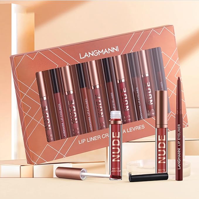 Petansy 12Pcs Lip Liner and Lipstick Set, 6 Colors Matte Liquid Lip Sticks + 6 Matching Smooth Nude Lip Liner, All in One Waterproof Long Lasting Lip Gloss Lips Make-up Gift Set for Girls and Women