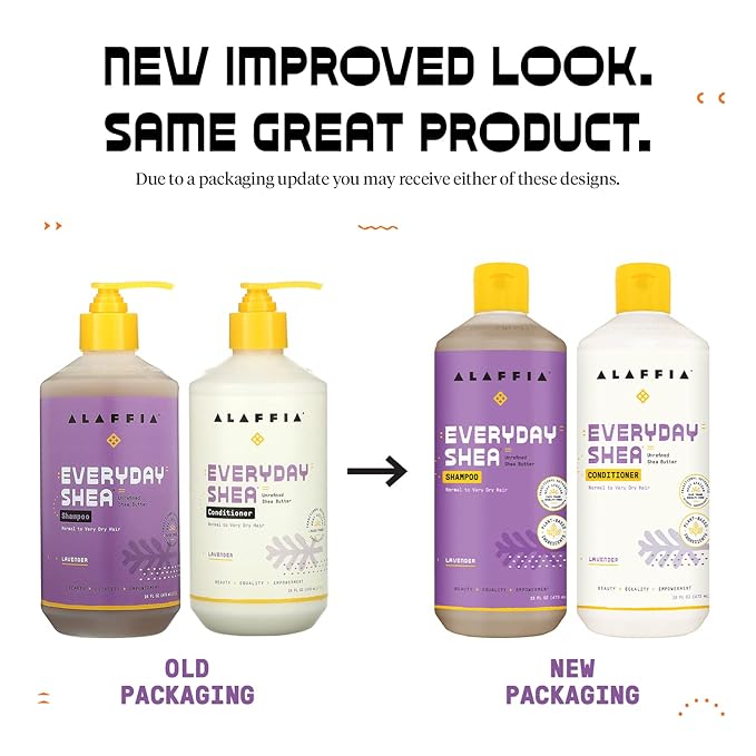 Alaffia EveryDay Shea Shampoo and Conditioner - Normal to Very Dry Hair, Cleans and Protects, Supports Balance pH for Luxurious Locks with Shea Butter and Coconut Oil, Lavender, 16 Fl Oz Each