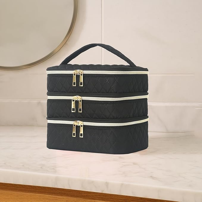 Travel Makeup Bag for Women Three Layer Large Cosmetic Case Water-resistant Toiletry Bag Organizer for Store Toiletries Cosmetic Accessories and Manicure Sets Black
