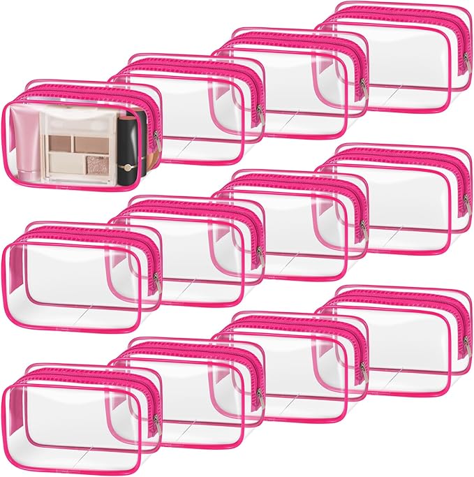 TISRATOK 12 PCS Clear Makeup Bag for Women with Zipper, TSA Approved Toiletry Pouch, Cosmetic Bag Bulk for Travel Organizer Essentials - Rose Red, Small