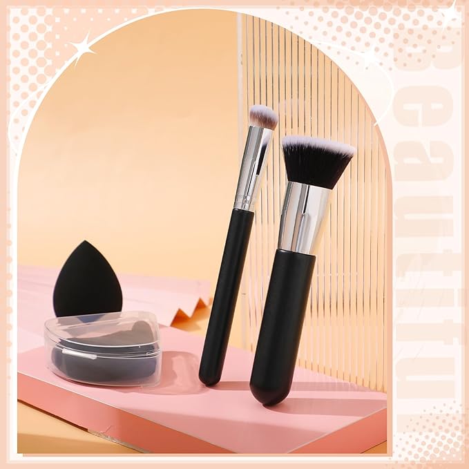 6Pcs Foundation Brush for Liquid Makeup,Liquid Foundation Brush with Makeup Sponge and Powder Puff for Foundation, Powder, Blush, and Concealer(Black)