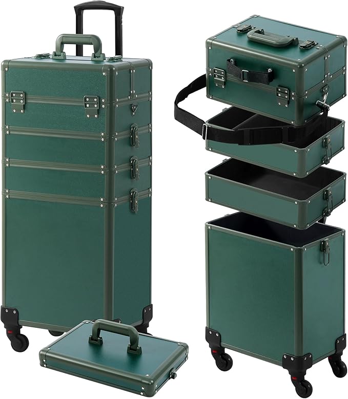 Makeup Train Case, Rolling Makeup Case with Lid, 5 in 1 Cosmetology Case on Wheels, Christmas Gift, Large Makeup Case Organizers, Profesional Cosmetic Case for Salon Barber, Green