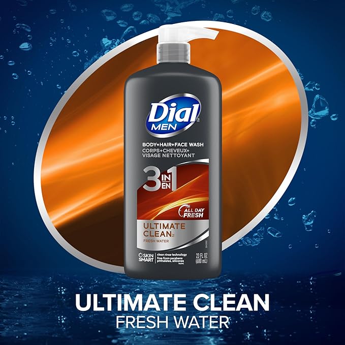 Dial Men 3 in 1 Body, Hair and Face Wash, Refresh, 16 Fl Oz, Pack of 6, Cleanses Deep + Gentle on Skin with Clean Rinse Technology