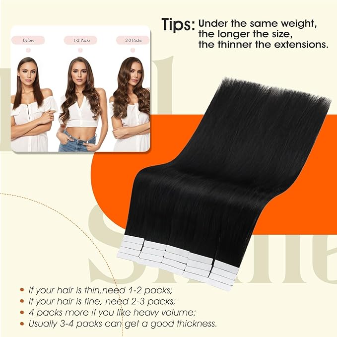 Full Shine Tape in Hair Extensions Remy Human Hair 16Inch Seamless Pu Tape in Extensions Off Black Color 1B Real Hair Extension Tapes in Thick End Invisible Extension 20Pcs 50G Natural Hair Add Volume