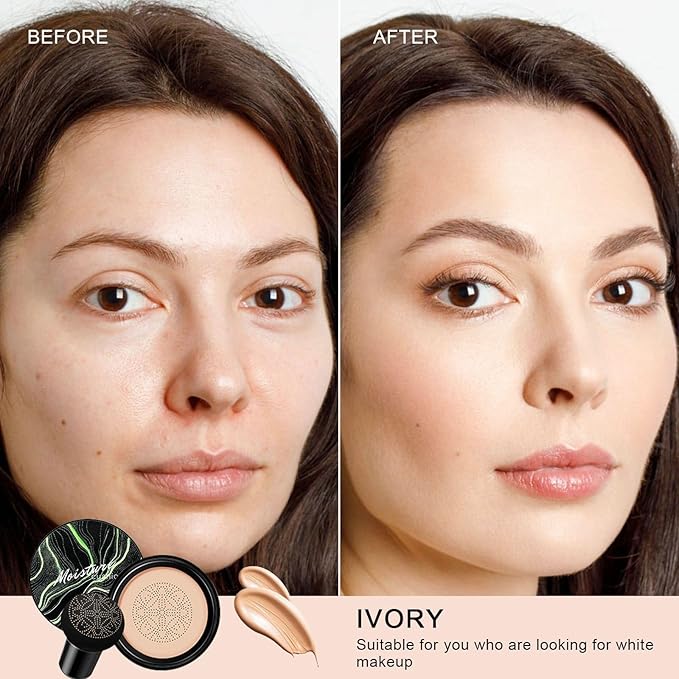 Mushroom Head Air Cushion CC Cream - BB Cream Face Makeup for Mature Skin, Moisturizing Cover Balm Foundation & Long-Lasting Color Correcting Concealer, Even Skin Tone for All Skin (Ivory)