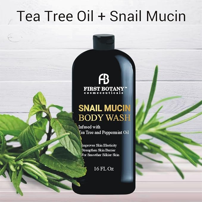First Botany All Natural Body Wash - Fights Body Odor, Athlete’s Foot, Jock Itch, Nail Issues, Dandruff, Acne, Eczema, Shower Gel for Women & Men, Skin Cleanser -16 fl oz (Tea Tree Snail Mucin)
