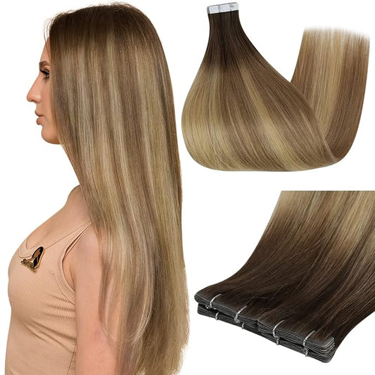Full Shine Virgin Injection Tape in Hair Extensions Human Hair 10Gram 5Pcs Color 3/8/22 Brown And Blonde Injected Tape ins Human Hair Extensions Seamless Skin Weft 16Inch Intact Human Hair