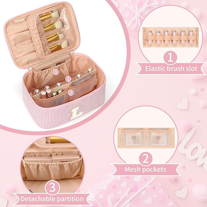 OCHEAL Makeup Bag for Women, Monogram Cosmetic Bag with Brush Holder, Pink Travel Makeup Case Beauty Toiletry Bag Organizer Personalized Gifts for Girls Bridesmaid, Sister, Wife, Friends Initial L