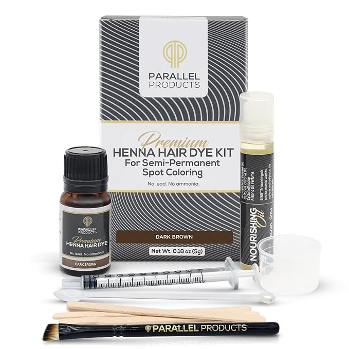 Parallel Products Spot Color Henna Kit - Henna Hair Dye - 5 Grams - Tint for Professional Spot Coloring - with Nourishing Oil, Mixing Dish and Application Brush - Root Touch Up (Dark Brown)