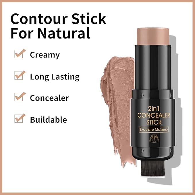 2 In 1 Face Cream Contour Stick Makeup with Built-In Brush, Makeup Concealer Stick for Women, Long Lasting, Waterproof, Matte (#04)