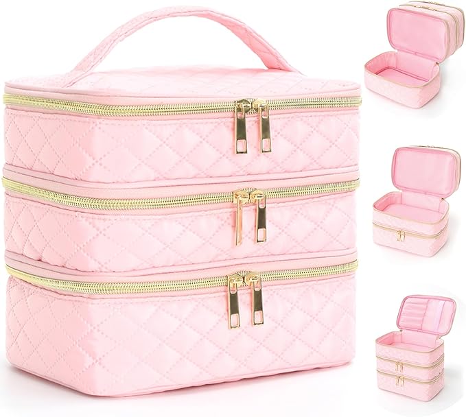 Travel Makeup Bag for Women Three Layer Large Cosmetic Case Water-resistant Toiletry Bag Organizer for Store Toiletries Cosmetic Accessories and Manicure Sets Pink