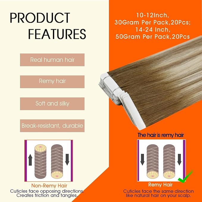Full Shine Human Hair Tape in Extensions Color 3 Dark Brown Ombre 8 Ash Brown And 22 Blonde 24Inch Long Lasting Adhesive Tape in Hair Extensions 50G 20Pcs Seamless Skin Weft Brazilian Natural