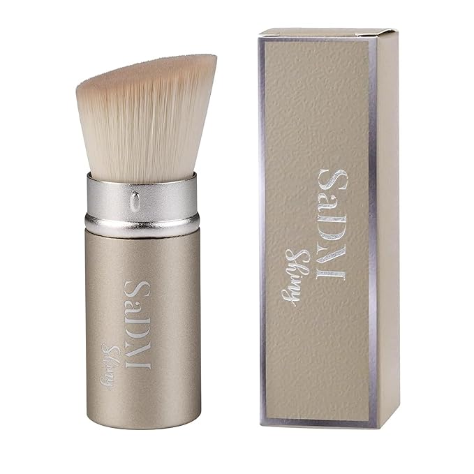 Kabuki Foundation Makeup Brush, White, Synthetic Hair, Professional Face Brush with Retractable Handle, Portable Wand Design