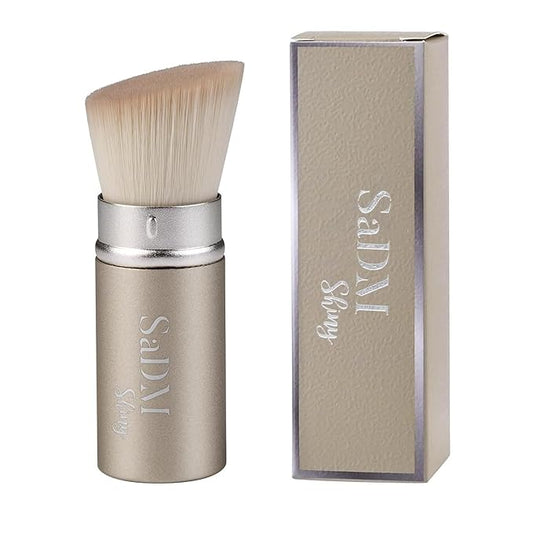 Kabuki Foundation Makeup Brush, White, Synthetic Hair, Professional Face Brush with Retractable Handle, Portable Wand Design