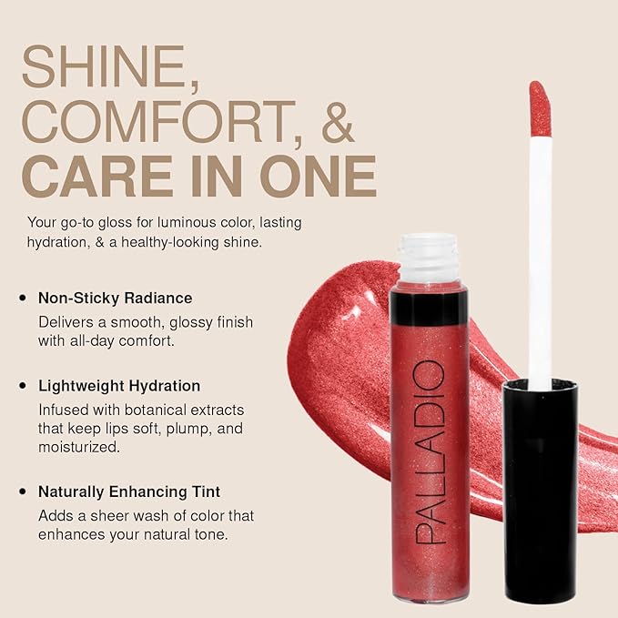 Palladio Lip Gloss, Non-Sticky Lip Gloss, Contains Vitamin E and Aloe, Offers Intense Color and Moisturization, Minimizes Lip Wrinkles, Softens Lips with Beautiful Shiny Finish, Ruby Red