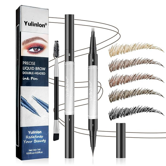 Double-Ended Eyebrow Pen, 0.01mm Micro-fork Tip,Waterproof Liquid Brow Ink, Micro-Fork and Fine Tips, 5 Shades (4#Black Brown)