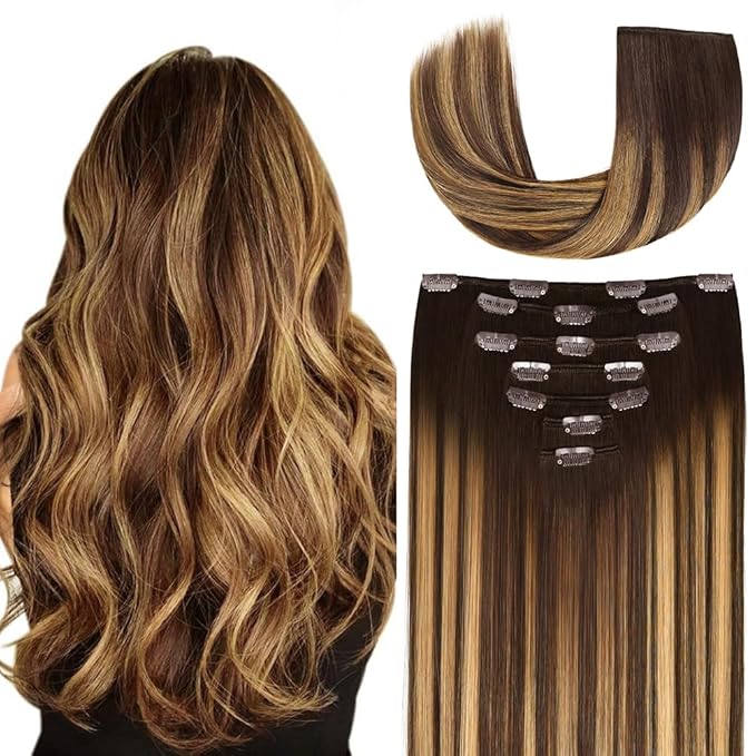 16 Inch Clip-in Hair Extensions Remy Human Hair for Women - Soft Handmade Real Human Hair Clip in Extensions, Straight, Thick, 125g 7pcs #(4T27) P4 Color
