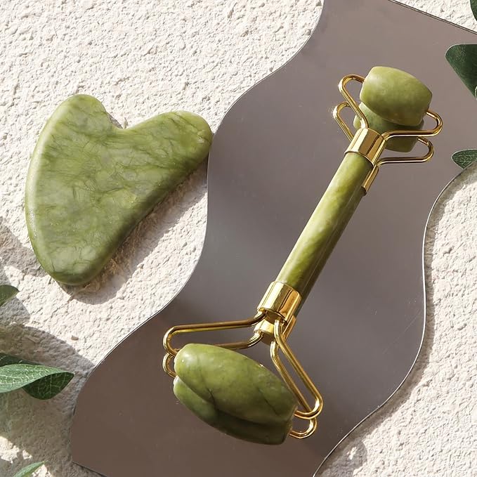 4-Piece Jade Roller & Gua Sha Set – Green Jade Facial & Body Sculpting Tools for Lymphatic Drainage, Puffiness Reduction & Wrinkle Minimizing – Gift for Women & Men