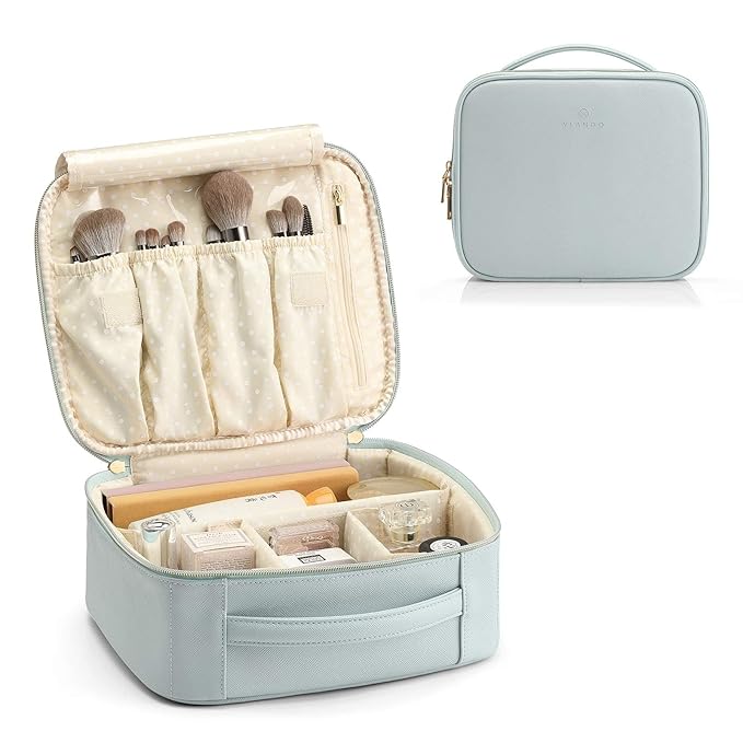 Vlando Makeup Bag, Travel Makeup Bags,Large Portable Make Up Bag Organzier with Dividers and Handle Gifts for Women Girls,Traveler,Christmas,Wedding Blue