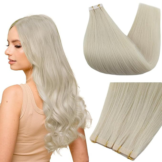 Full Shine Injected Tape Hair Extensions 5Pcs Color 1000 Blonde Virgin Intact Tape in Hair Extensions Seamless Skin Weft Tape ins Extensions 16 Inch Human Hair Extension 10Gram Straight Hair