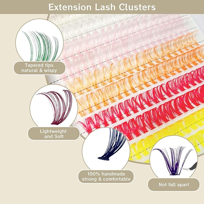 Colored Lash Clusters YASNAI DIY Colored Lash Extensions 320pcs Color Eyeash Extensions D Curl, 14/16mm Mix Lashes eye makeup, White Pink Orange Red Yellow Green Blue Purple