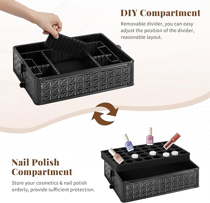 AROUS Rolling Makeup Train Case with 3 Drawers, Cosmetology Case on Wheels Nail Trolley Cart Salon Station Organizer Cases for Nail Tech, Face Painting,Hairstylist, Makeup Artist, Black