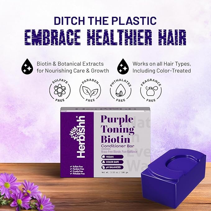 Herbishh Purple Toning Conditioner Bar for Blonde, Silver & Gray Hair, Neutralizes Brassiness, Adds Shine & Moisture, Biotin Conditioner Bar, Sulfate-Free, 3.53 oz Pack of 3