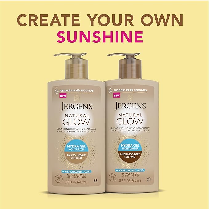 Jergens Natural Glow Hydra Gel Moisturizer, Hyaluronic Acid Tanning Lotion, Hydrating Tanning Gel, Fragrance-Free Self Tanner, Fair to Medium Skin Tones, 8.3 Fl Oz