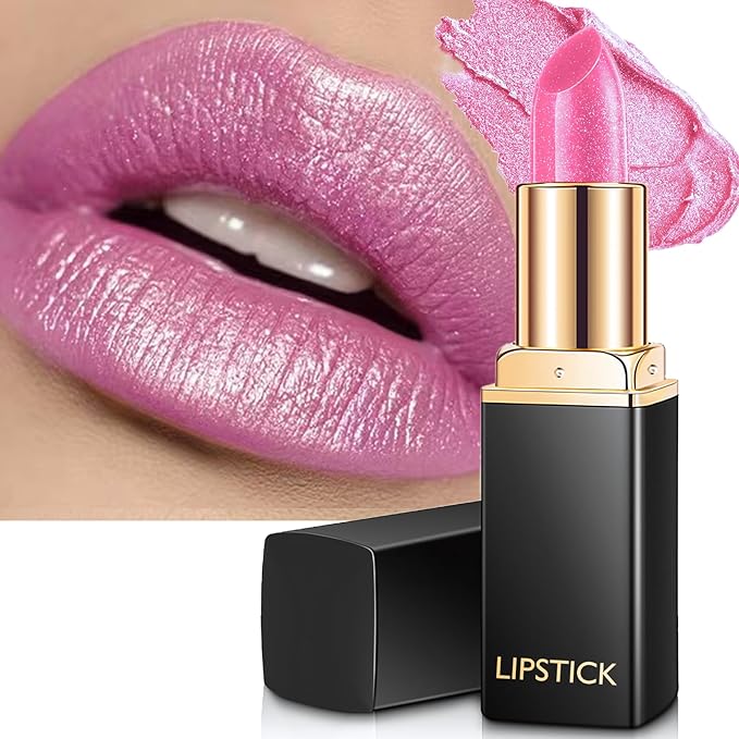 Pink Lipstick for Women with Metallic Shimmer Shine, Long Lasting Lip Stick Glitter Moisturizing Lightweight Full Coverage Lip Makeup, Non-Sticky Diamond Pearl Shiny Cream Lipstick Balm, 09