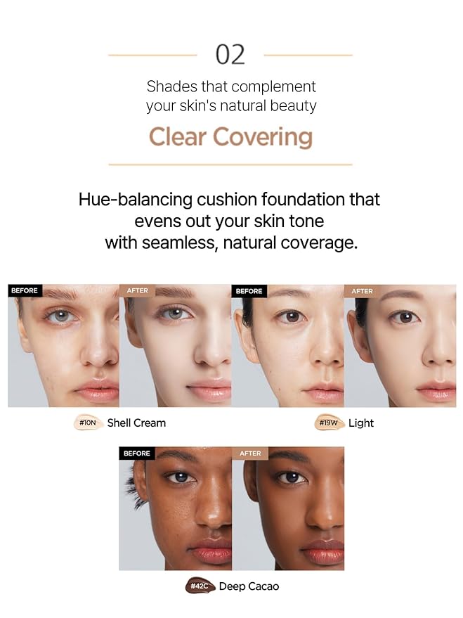 JUNG SAEM MOOL Essential Skin Nuder Cushion 10W Shell 0.49 Fl Oz, No Refill, Natural Radiant Finish Cushion Foundation with Buildable Coverage, Lightweight Texture, Korean Foundation Makeup