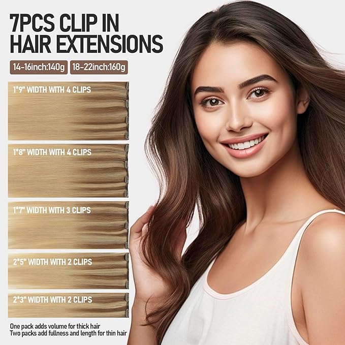 VINBAO Clip in Hair Extensions Human Hair Balayage Ash Blonde with Bleach Blonde Highlight Hair Extensions Clip in Human Hair Double Weft 160g 7 Pcs 20inch (#HC101616,20'')