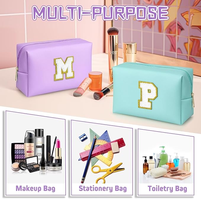 TOPEAST Initial Makeup Bag for Travel, Chenille Letter Pouch Cosmetic Bag, PU Leather Waterproof Toiletry Bag, Personalized Gifts for Bride Bridemaids, Cute Things for Girls (Purple Q)