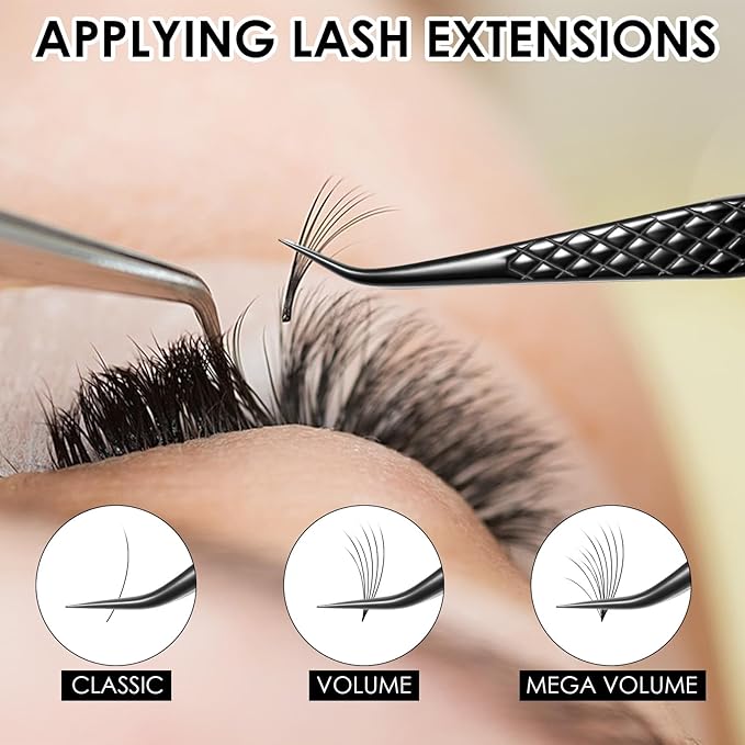Lash Tweezers for Eyelash Extensions, Curved Degree Grip Isolation Tweezers Black Stainless Steel Professional Lash Tweezer for Individual Isolation and Classic Lashes