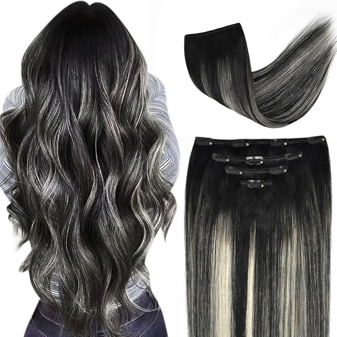 18" Clip in Hair Extensions Remy Human Hair Black Balayage Silver for Women - Silky Straight 100% Real Human Hair 60grams 4pieces #1BT(SilverP1B) Color