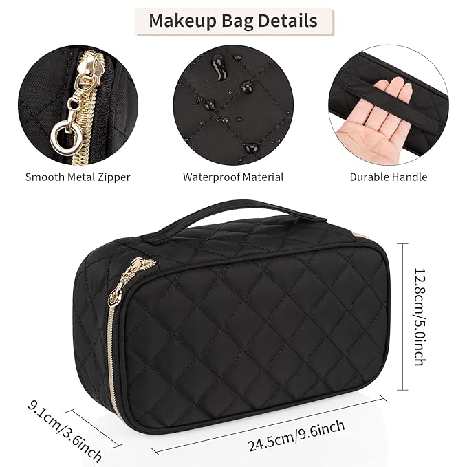 OCHEAL Makeup Bag with Brush Compartment - Small Travel Cosmetic Organizer for Women, Portable Makeup Brush Pouch with Dividers, Cute Toiletry Bag for Girls -Black
