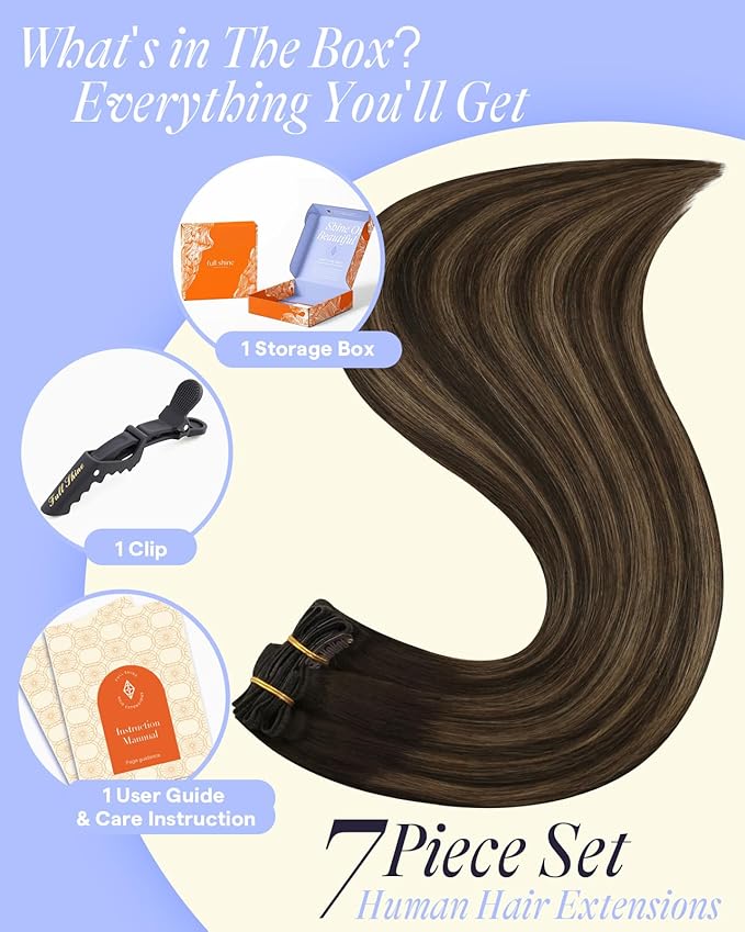 Full Shine Thick Human Hair Clip in Extensions 22 Inch Real Hair Extensions Dark Brown To Ash Brown Hair Extensions for Fullness 7 Pcs 150 G