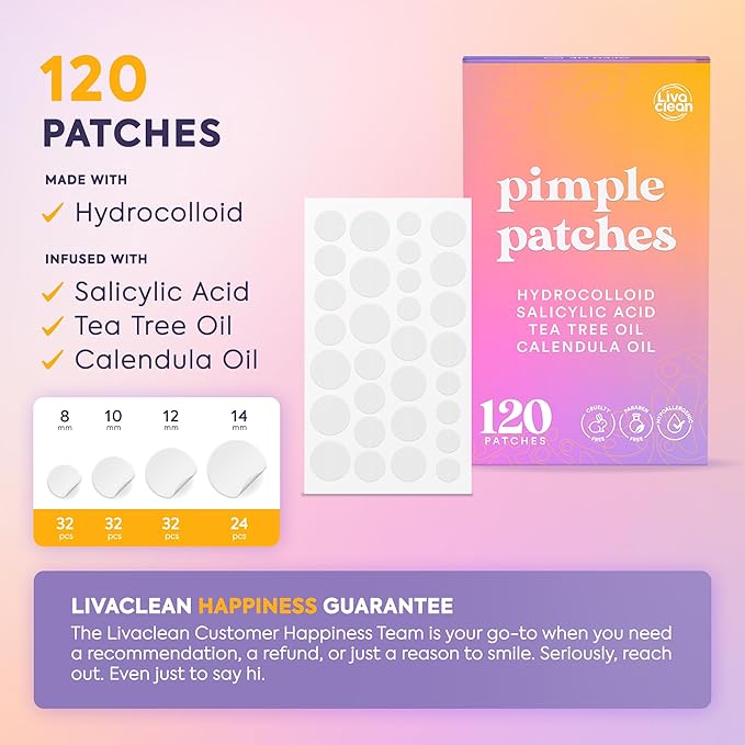 Livaclean 120 CT Pimple Patches for Face w/ Salicylic Acid, Tea Tree & Calendula Oil - Four Sizes Zit Dots Acne Patches for Face - Hydrocolloid Patch Pimple Patch Invisible - Acne Dots Zit Stickers