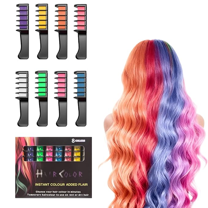 12 Colors Festive Fun Hair Chalk Combs, Instant Hair Color Comb Washable Quick Dry Vibrant Temporary Color for Birthday Christmas Party Gifts for Teenage Girls Kids (8 Colors)