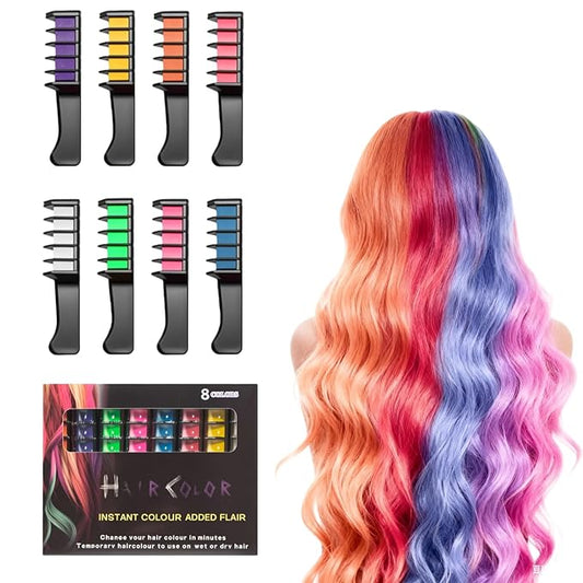 12 Colors Festive Fun Hair Chalk Combs, Instant Hair Color Comb Washable Quick Dry Vibrant Temporary Color for Birthday Christmas Party Gifts for Teenage Girls Kids (8 Colors)