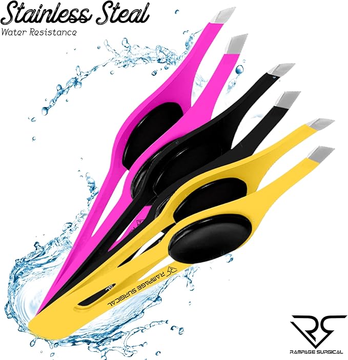 Professional Eyebrow Tweezers Slanted Tip Stainless Steel 2,3xPcs Set, Non-Slip Grip Slant Tip Tweezers for Facial Hair, Plucking Removing Ingrown Hairs, Tweezer for Women Men (Black&Pink&Yellow)