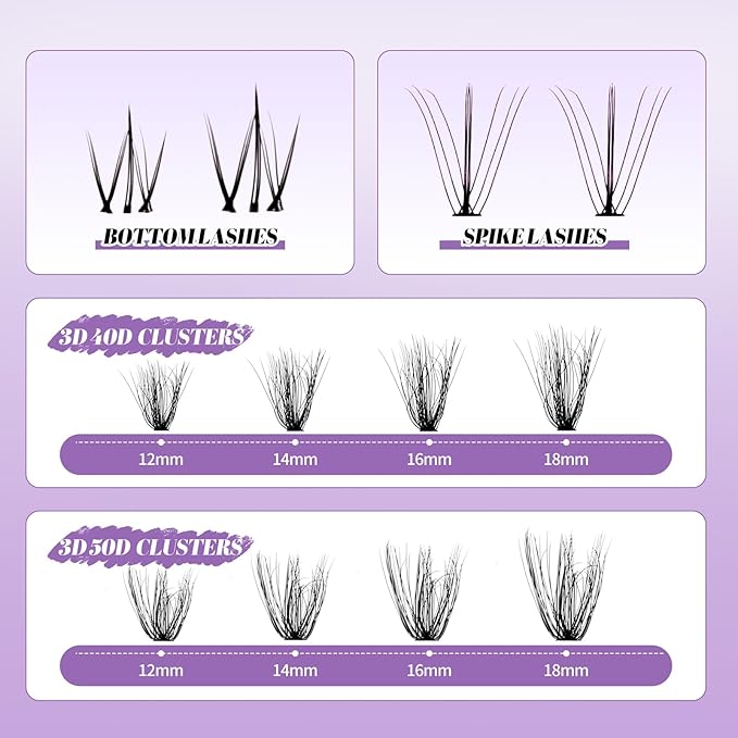 Lash Clusters With Bottom Lashes 40/50D C/D Curl 12-18mm Multi-types Individual Clusters Eyelash Extensions, Spike, Wispy Lash clusters(40/50D-3D)