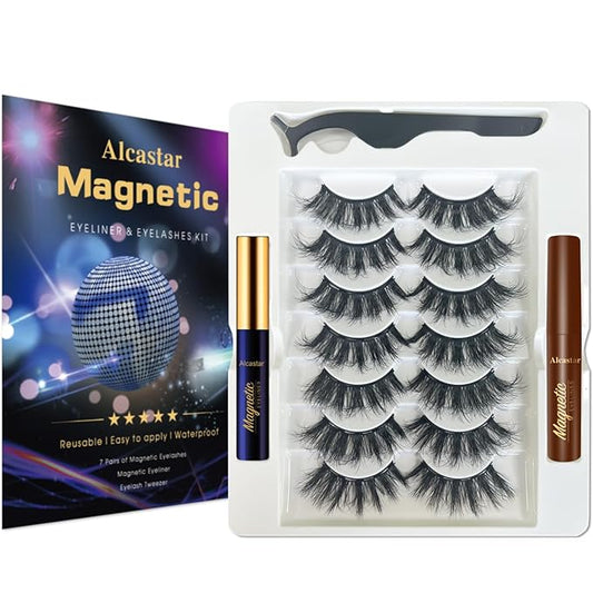 Alcastar Magnetic Eyelashes and Eyeliner Kit,Magnetic Lashes Natural Looking with Eyeliner,Eyelash With Applicator,Waterproof, Long Lasting,Cruelty Free (Mink Fluffy7-214)
