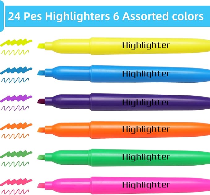 Highlighters Assorted Colors, Highlighters for School with Soft Chisel Tips, Bible Highlighter No Bleed, Quick-Drying Highlighter Markers for Teacher Students, Classroom Must Have, 24 Pack