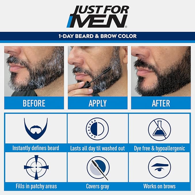 Just for Men 1-Day Beard & Brow Color, Temporary Color for Beard and Eyebrows, For a Fuller, Well-Defined Look, Up to 30 Applications, Black