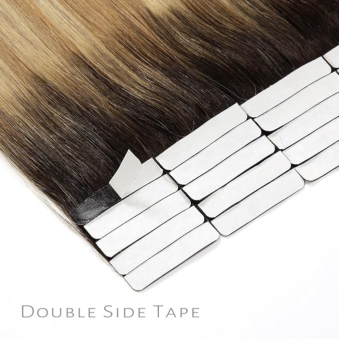 LacerHair Tape in Hair Extensions Human Hair Caramel blonde Mixed Bleach blonde with Darkest Brown Roots 50g Remy Human Hair Tape Ins R#2-27/613 22 Inch