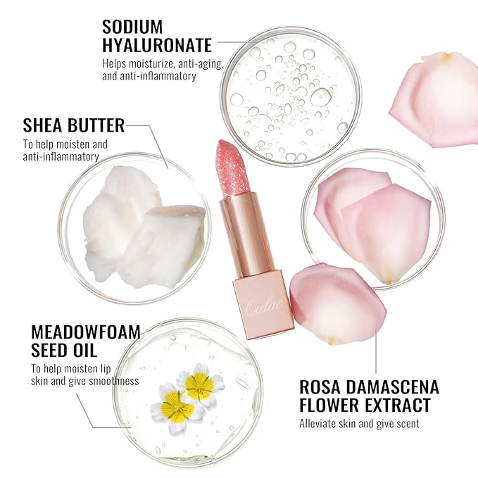 Oulac Moisturizing Pink Lipstick for Women - Tinted Lip Balm with Sparkle, Lightweight Lip Makeup, Mirror Design, Vegan & Gluten Free, PG05 Mystical