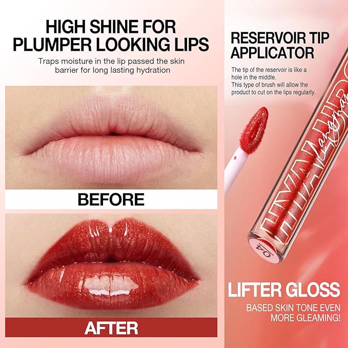 Rose Red Lip Gloss Lip Plumper Gloss Tinted Glitter Lipgloss Lip Oil Moisturizing High Shine And Vegan Plumping Lip Gloss For Women Girls Long-Lasting Dry Lip Care (08# Rose Red)