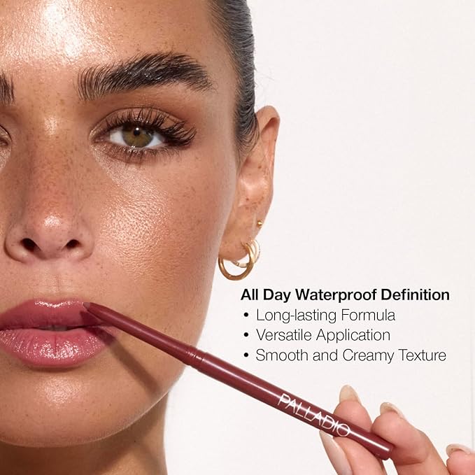 Palladio Retractable Waterproof Lip Liner High Pigmented and Creamy Color Slim Twist Up Smudge Proof Formula with Long Lasting All Day Wear No Sharpener Required, Raisin, 1 Count