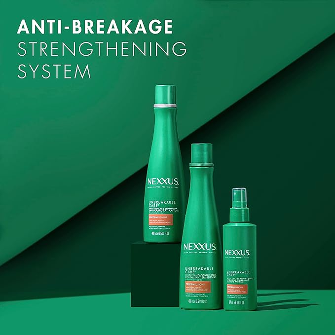 Nexxus Unbreakable Care Shampoo, Conditioner, and Leave-In Spray 3 Pack For Fine and Thin Hair with Keratin, Collagen, Biotin